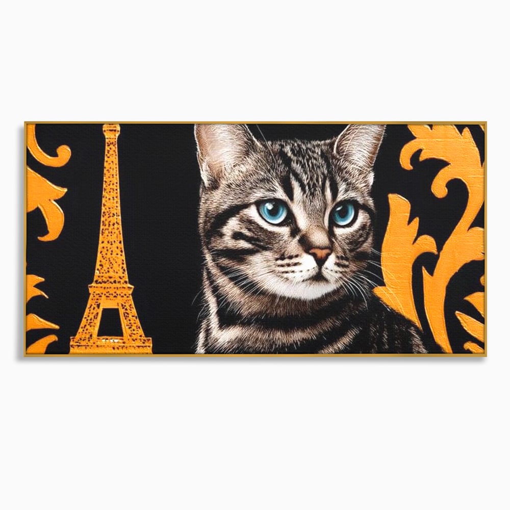Tablou canvas cu tablou canvas cu pisica si turnul eiffel, in rama de aluminiu auriu