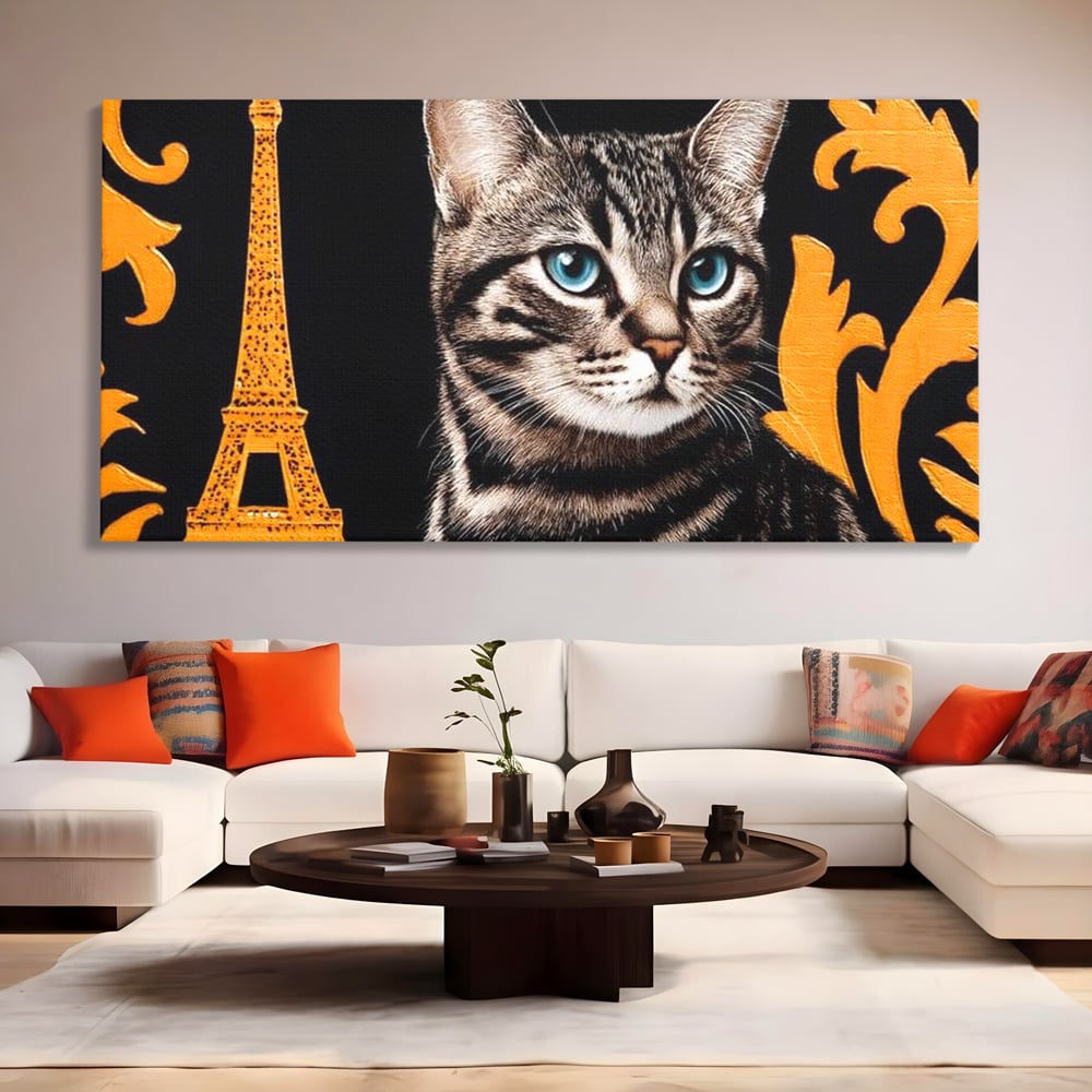 Tablou canvas cu tablou canvas cu pisica si turnul eiffel, fara rama, pe sasiu de lemn, pe perete intr-un living
