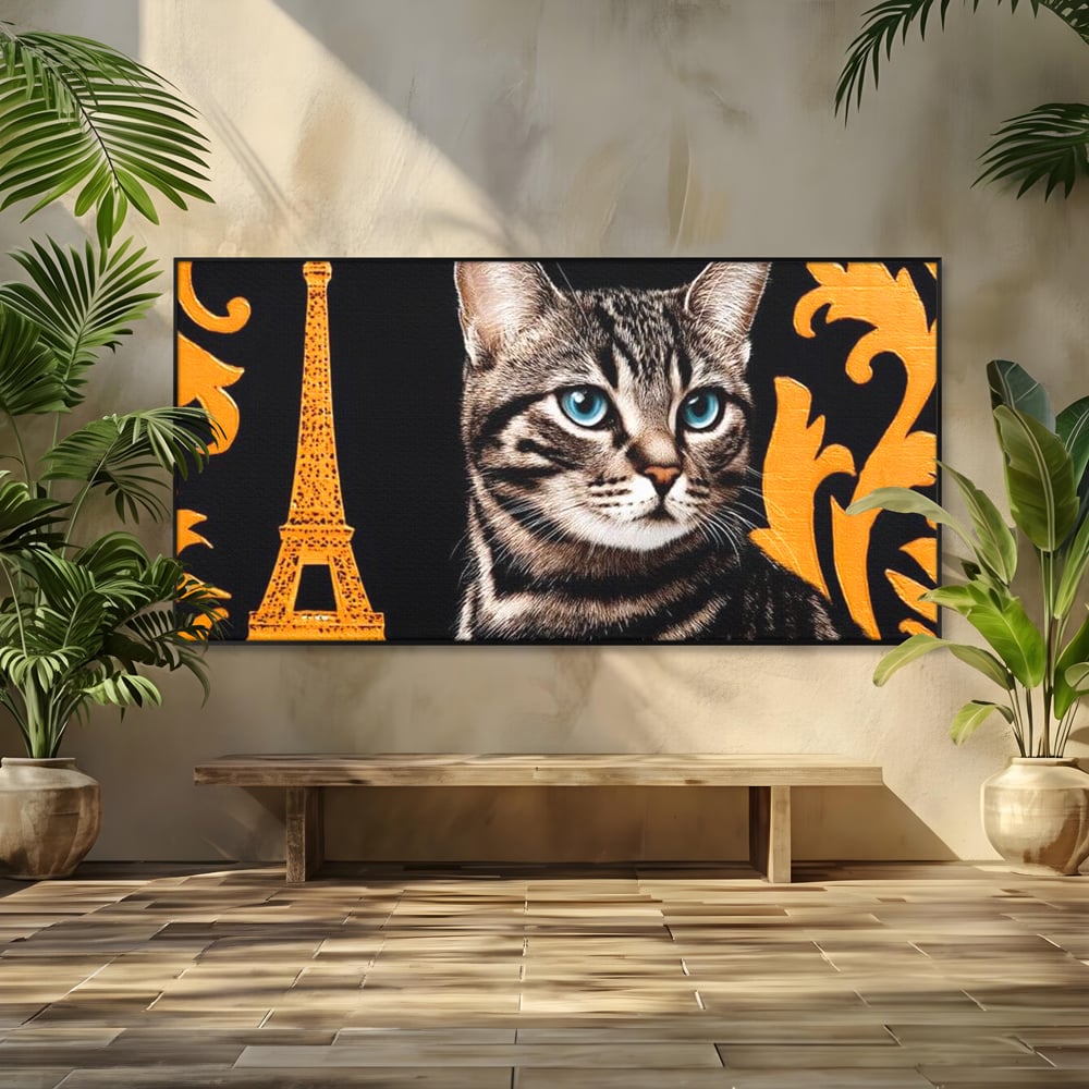 Tablou canvas cu tablou canvas cu pisica si turnul eiffel, in rama de aluminiu negru