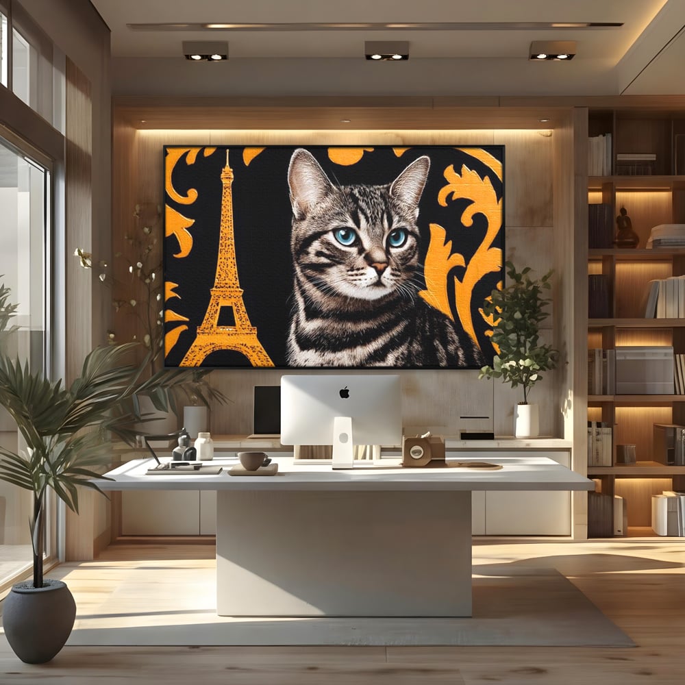 Tablou canvas cu tablou canvas cu pisica si turnul eiffel, in rama de aluminiu negru, pe perete intr-un birou