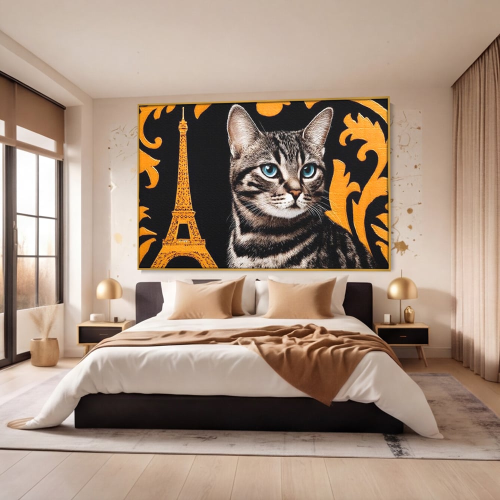 Tablou canvas cu tablou canvas cu pisica si turnul eiffel, in rama de aluminiu auriu, pe perete intr-un dormitor