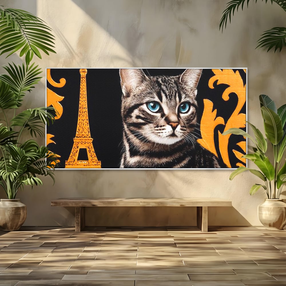 Tablou canvas cu tablou canvas cu pisica si turnul eiffel, in rama de aluminiu argintiu