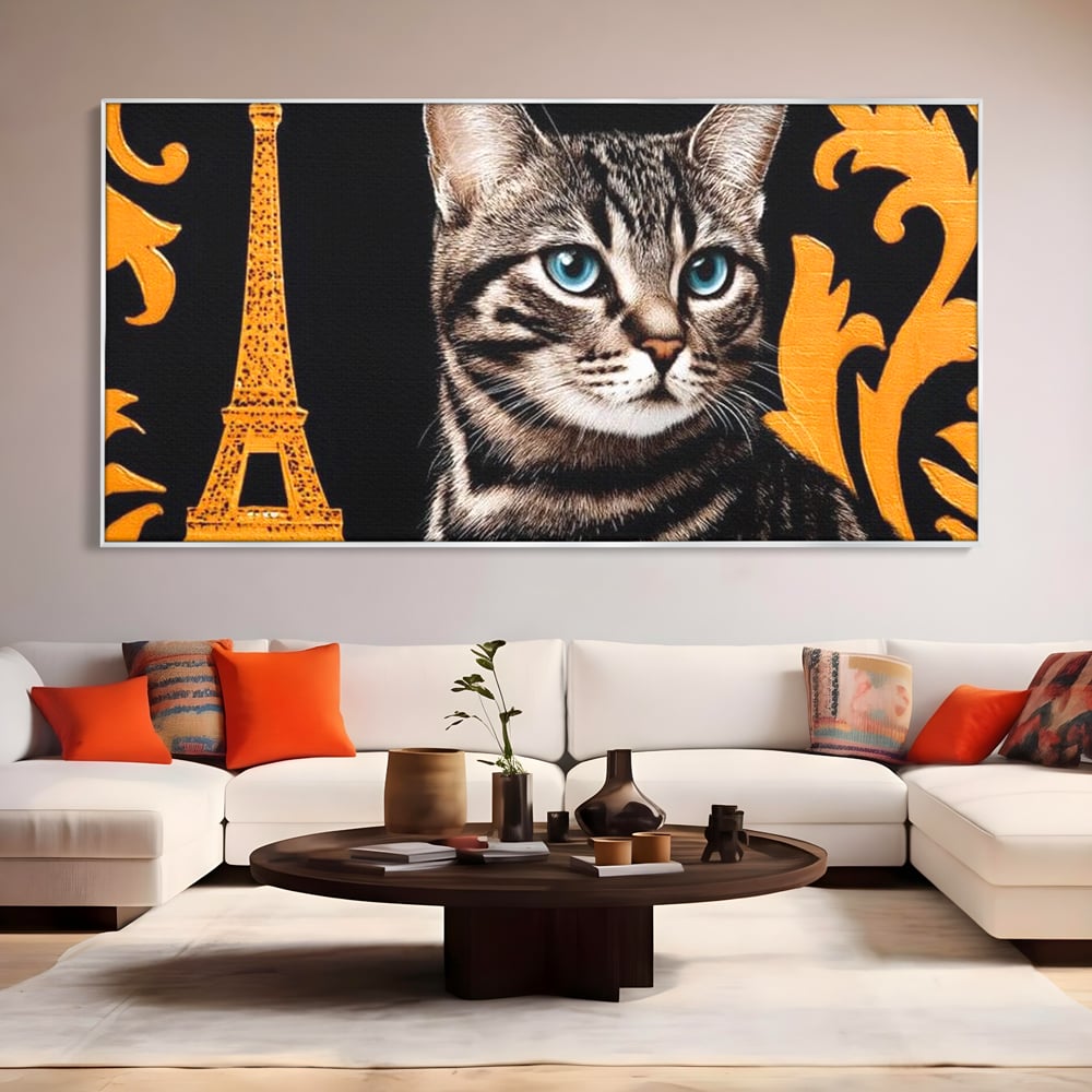 Tablou canvas cu tablou canvas cu pisica si turnul eiffel, in rama de aluminiu argintiu, pe perete intr-un living