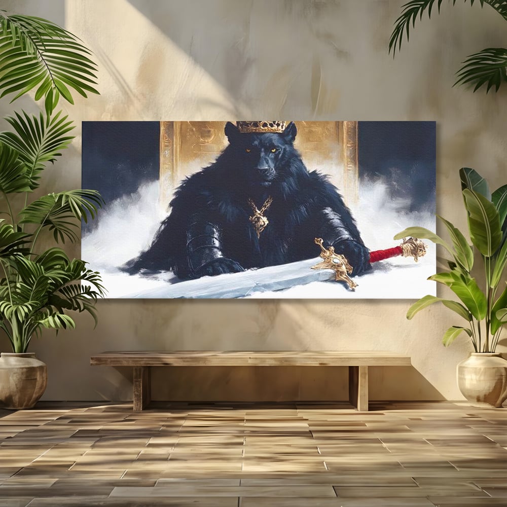 Tablou canvas cu tablou canvas cu pantera rege pe tron, fara rama, pe sasiu de lemn