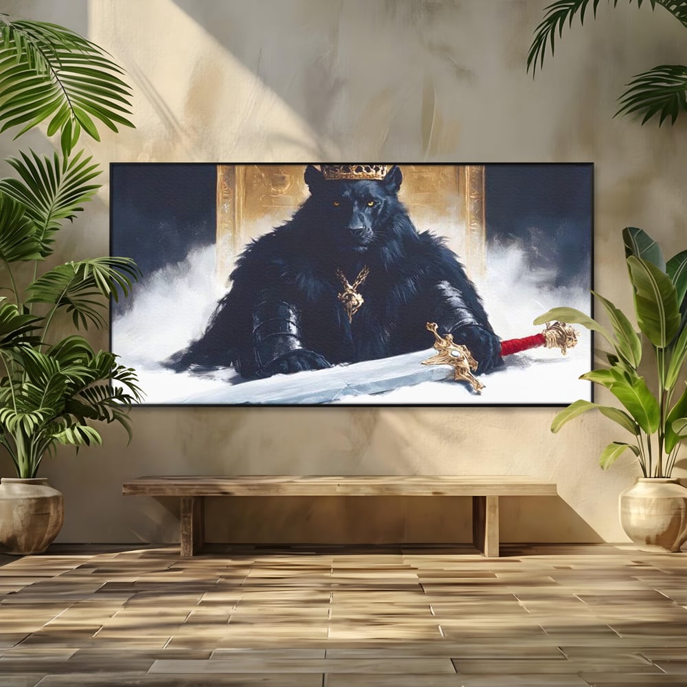 Tablou canvas cu tablou canvas cu pantera rege pe tron, in rama de aluminiu negru