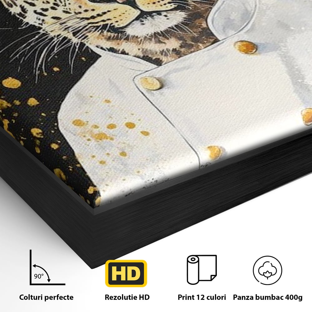 Detaliu al suprafetei: tablou canvas cu leopard bucatar, in rama de aluminiu negru