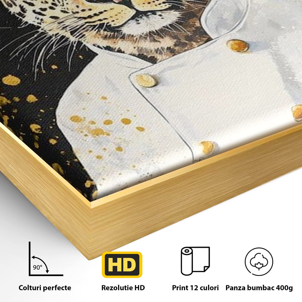 Detaliu al suprafetei: tablou canvas cu leopard bucatar, in rama de aluminiu auriu
