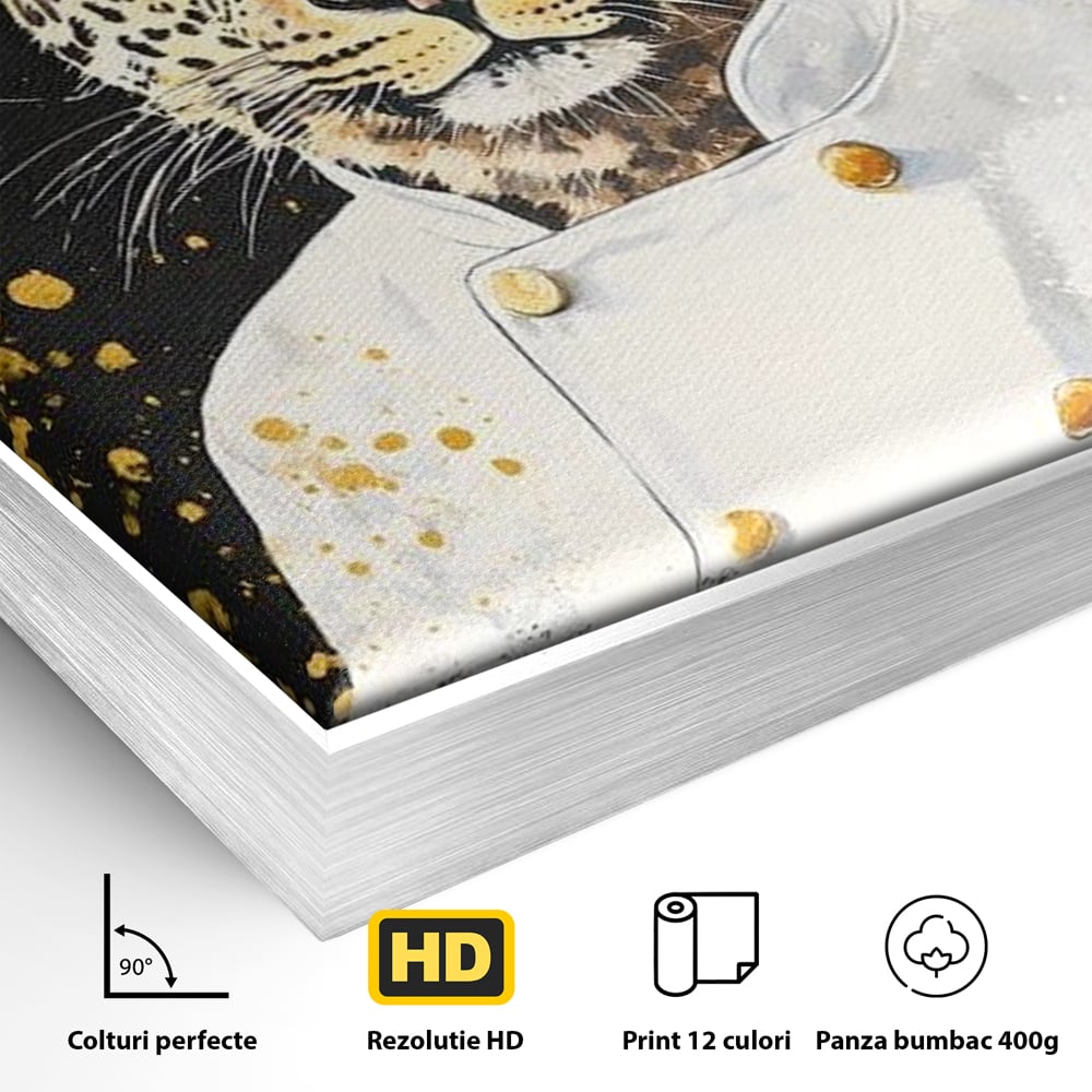 Detaliu al suprafetei: tablou canvas cu leopard bucatar, in rama de aluminiu argintiu