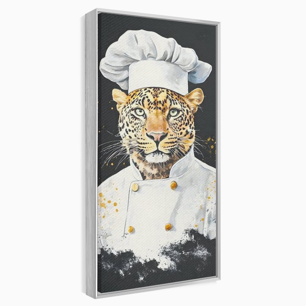 Tablou canvas cu tablou canvas cu leopard bucatar, in rama de aluminiu argintiu