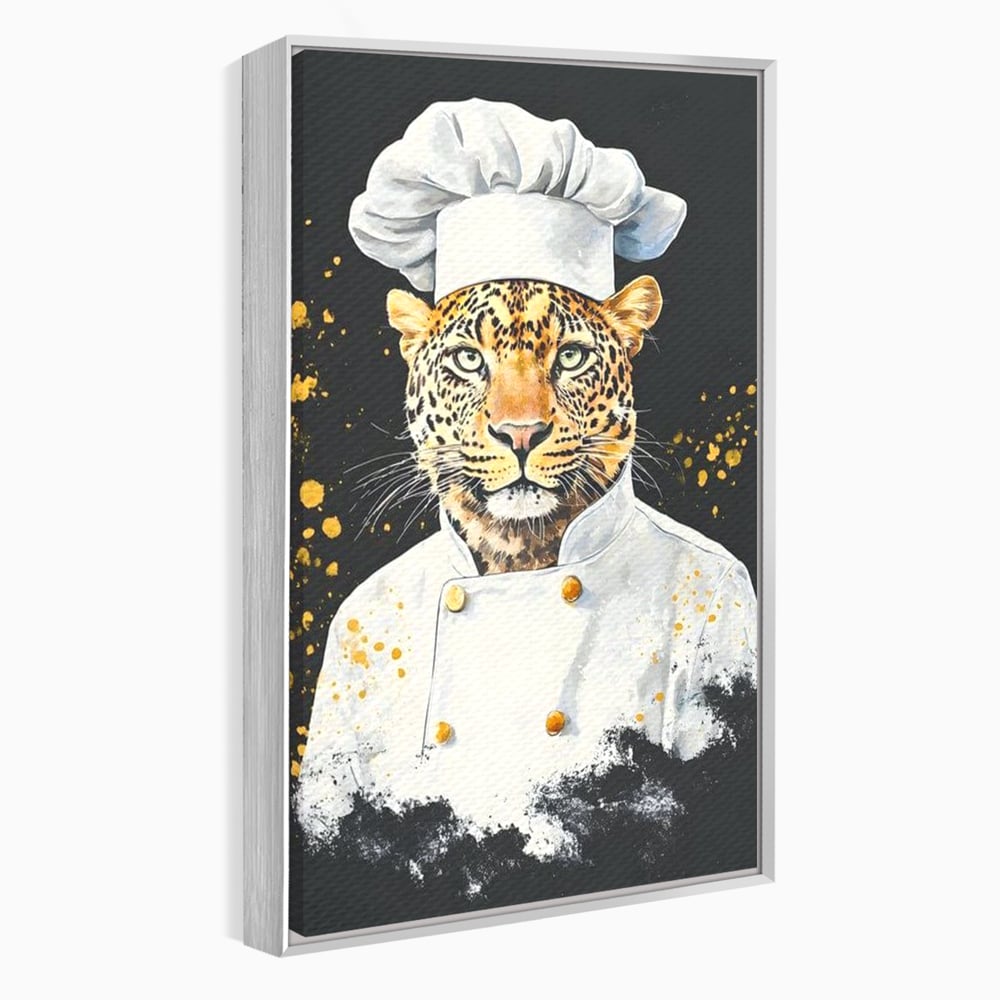 Tablou canvas cu tablou canvas cu leopard bucatar, in rama de aluminiu argintiu