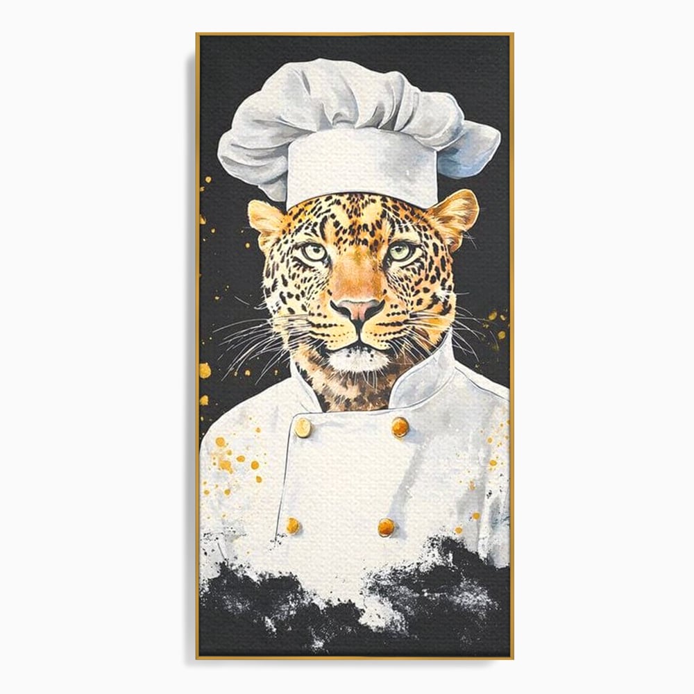Tablou canvas cu tablou canvas cu leopard bucatar, in rama de aluminiu auriu