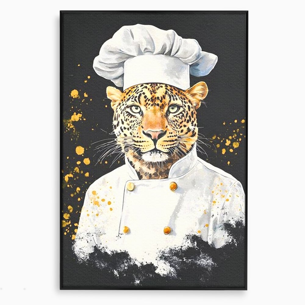 Tablou canvas cu tablou canvas cu leopard bucatar, in rama de aluminiu negru