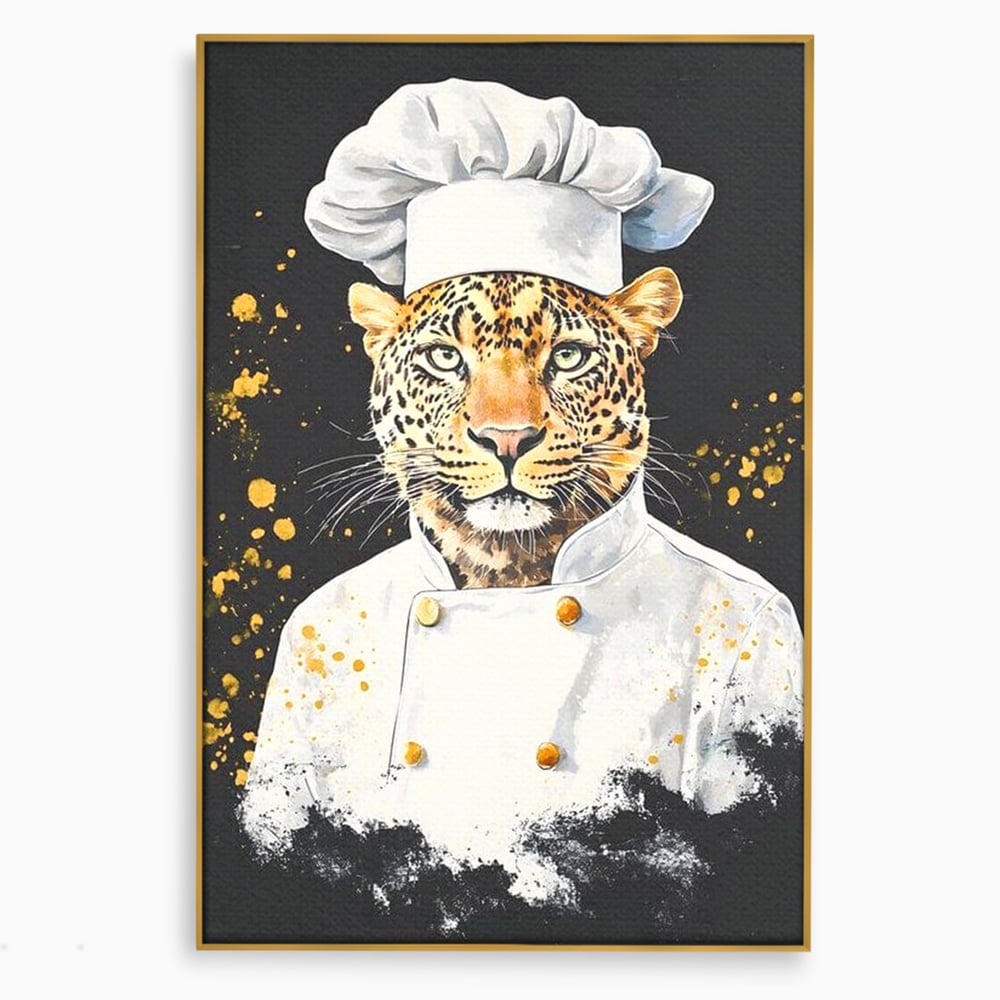 Tablou canvas cu tablou canvas cu leopard bucatar, in rama de aluminiu auriu