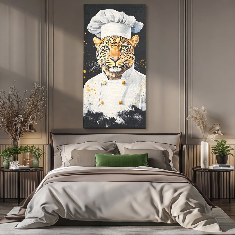 Tablou canvas cu tablou canvas cu leopard bucatar, fara rama, pe sasiu de lemn, pe perete intr-un dormitor