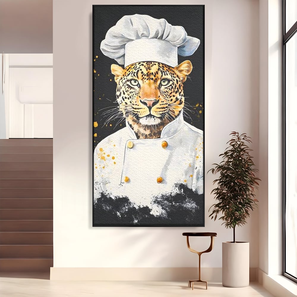 Tablou canvas cu tablou canvas cu leopard bucatar, in rama de aluminiu negru