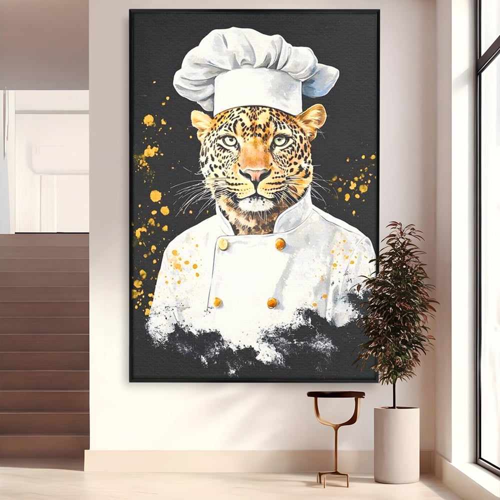 Tablou canvas cu tablou canvas cu leopard bucatar, in rama de aluminiu negru