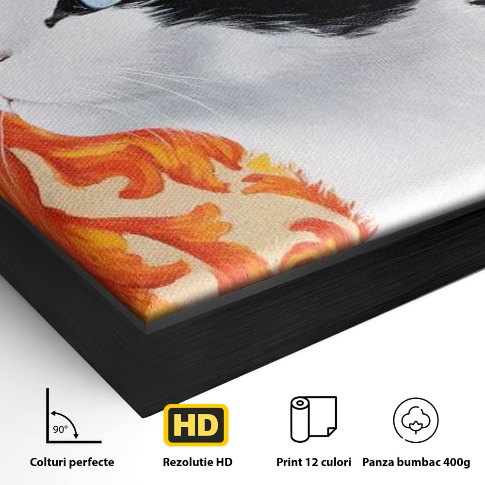 Detaliu al suprafetei: tablou canvas cu pisica si fundal floral, in rama de aluminiu negru