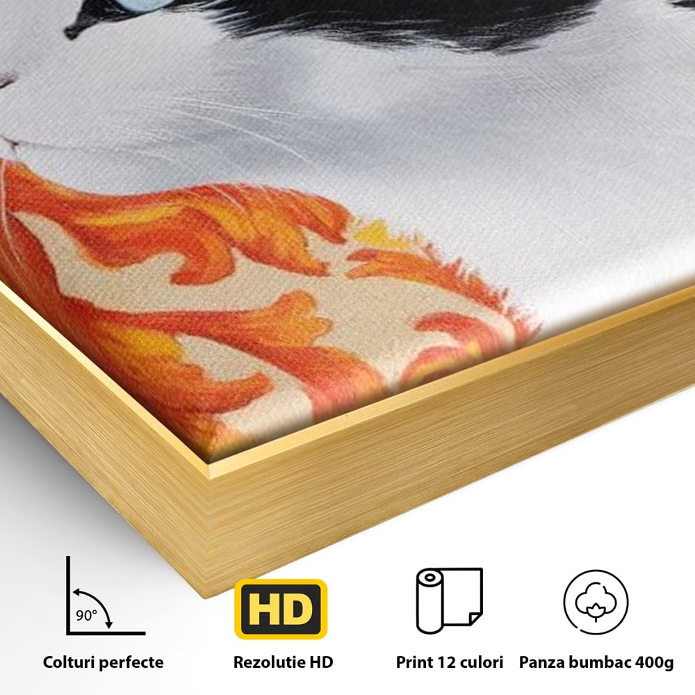 Detaliu al suprafetei: tablou canvas cu pisica si fundal floral, in rama de aluminiu auriu