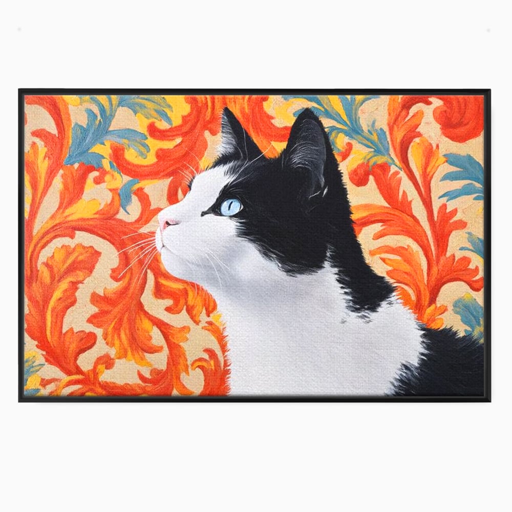 Tablou canvas cu tablou canvas cu pisica si fundal floral, in rama de aluminiu negru