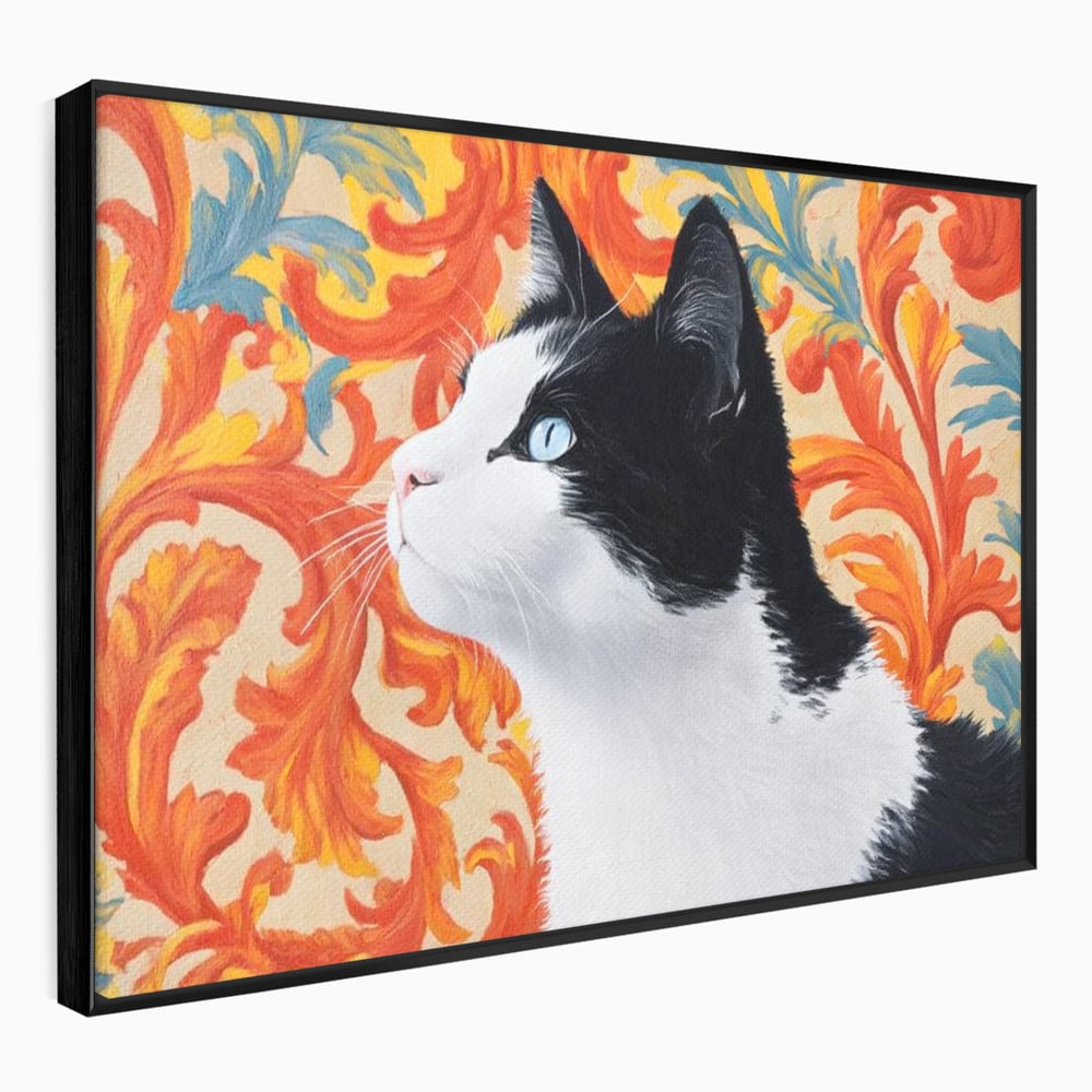 Tablou canvas cu tablou canvas cu pisica si fundal floral, in rama de aluminiu negru