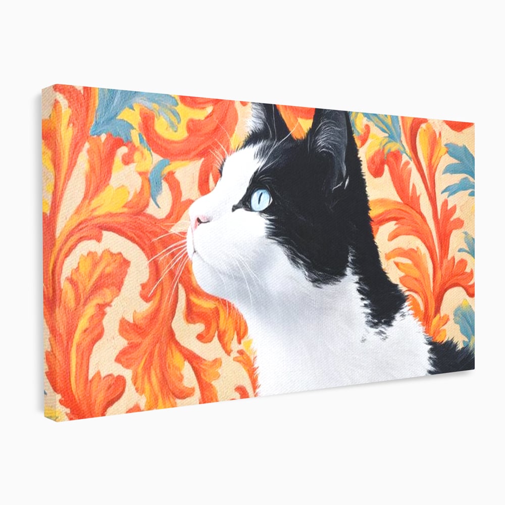 Tablou canvas cu tablou canvas cu pisica si fundal floral, fara rama, pe sasiu de lemn