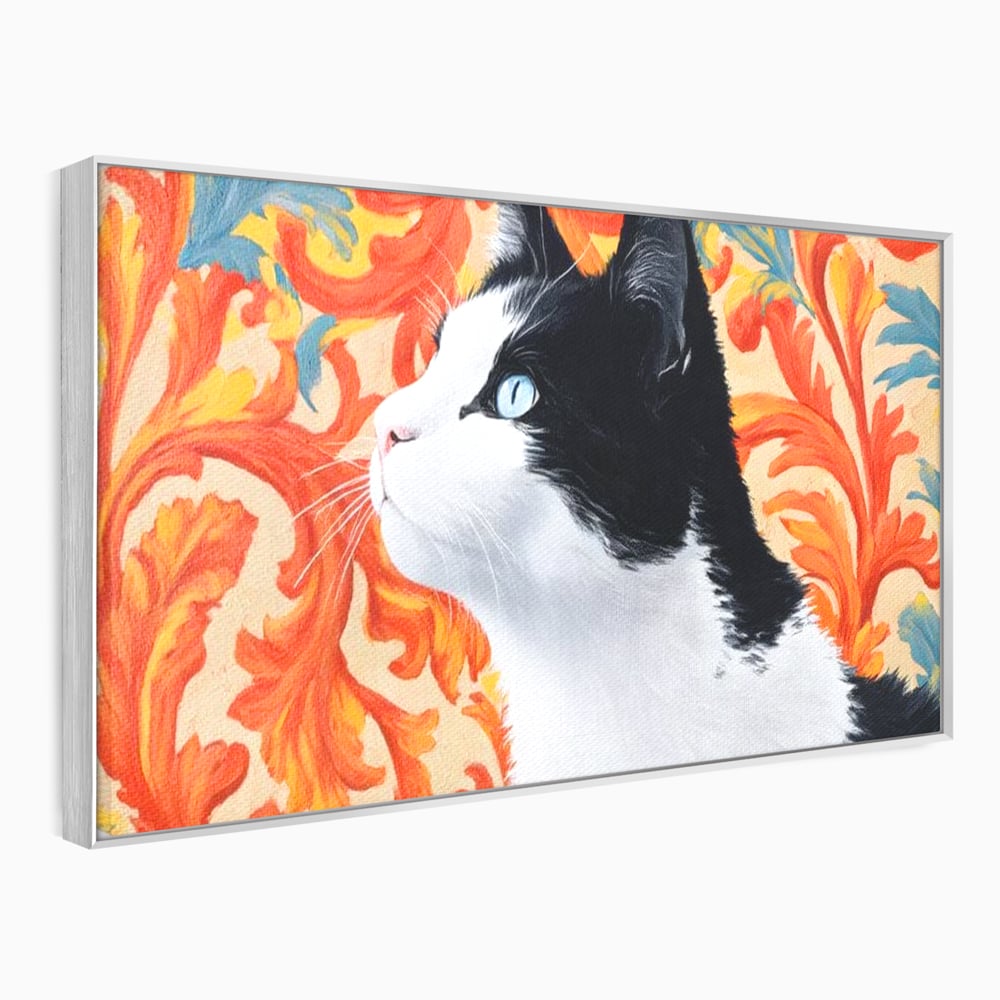 Tablou canvas cu tablou canvas cu pisica si fundal floral, in rama de aluminiu argintiu