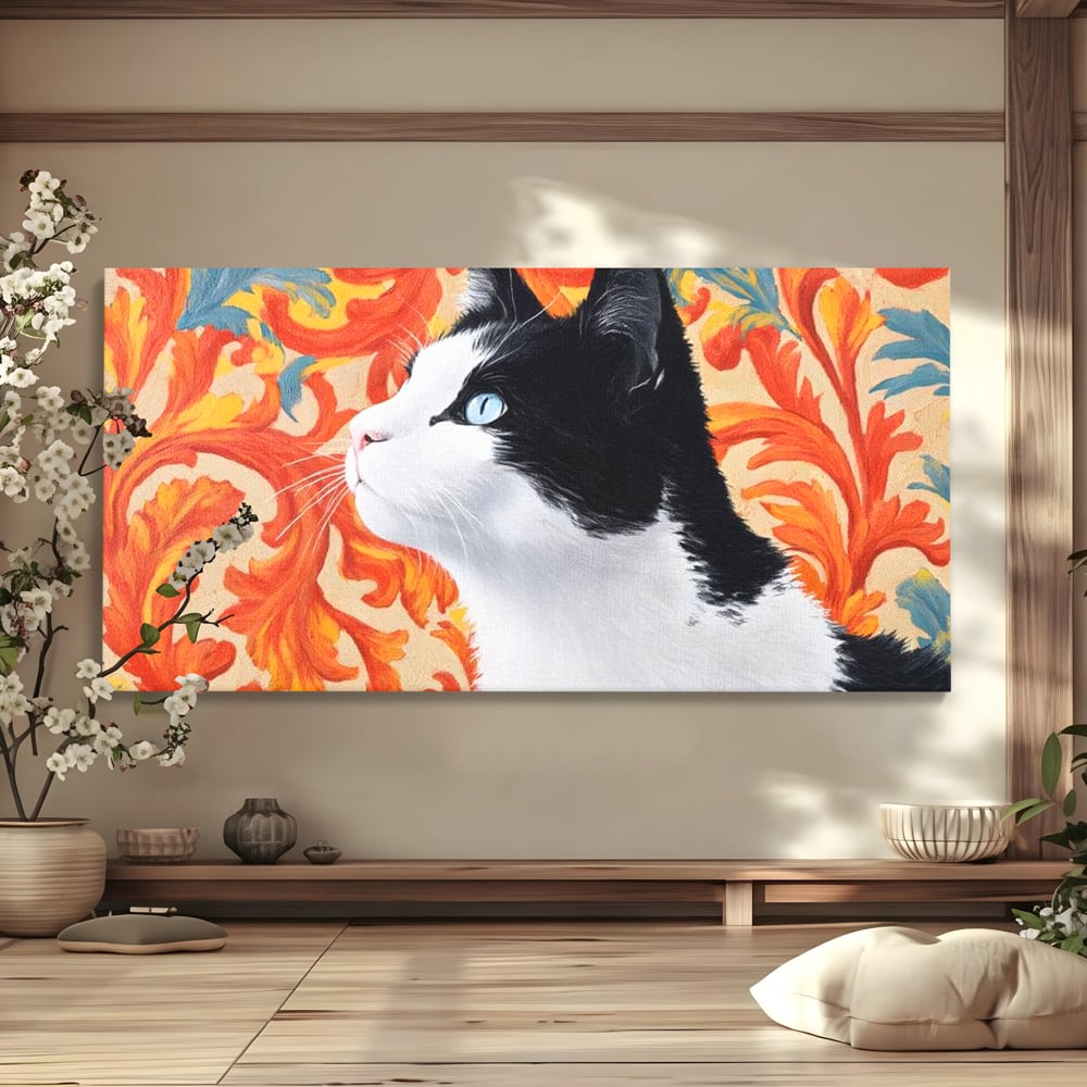 Tablou canvas cu tablou canvas cu pisica si fundal floral, fara rama, pe sasiu de lemn