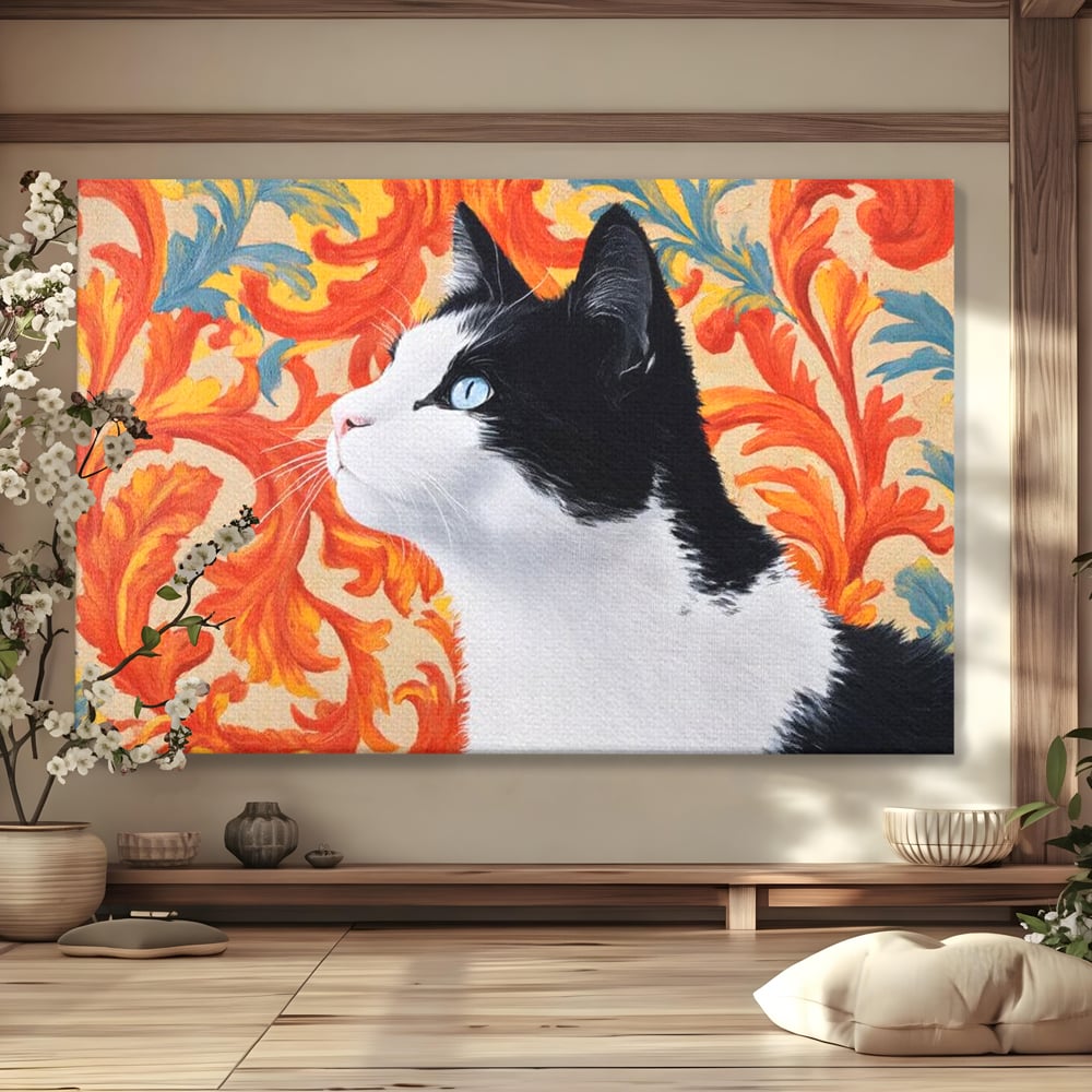 Tablou canvas cu tablou canvas cu pisica si fundal floral, fara rama, pe sasiu de lemn