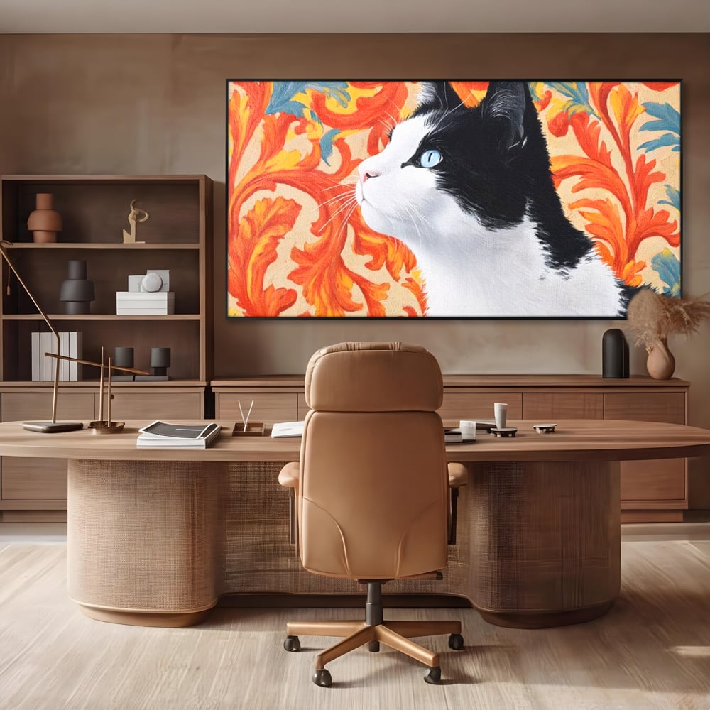 Tablou canvas cu tablou canvas cu pisica si fundal floral, in rama de aluminiu negru, pe perete intr-un birou