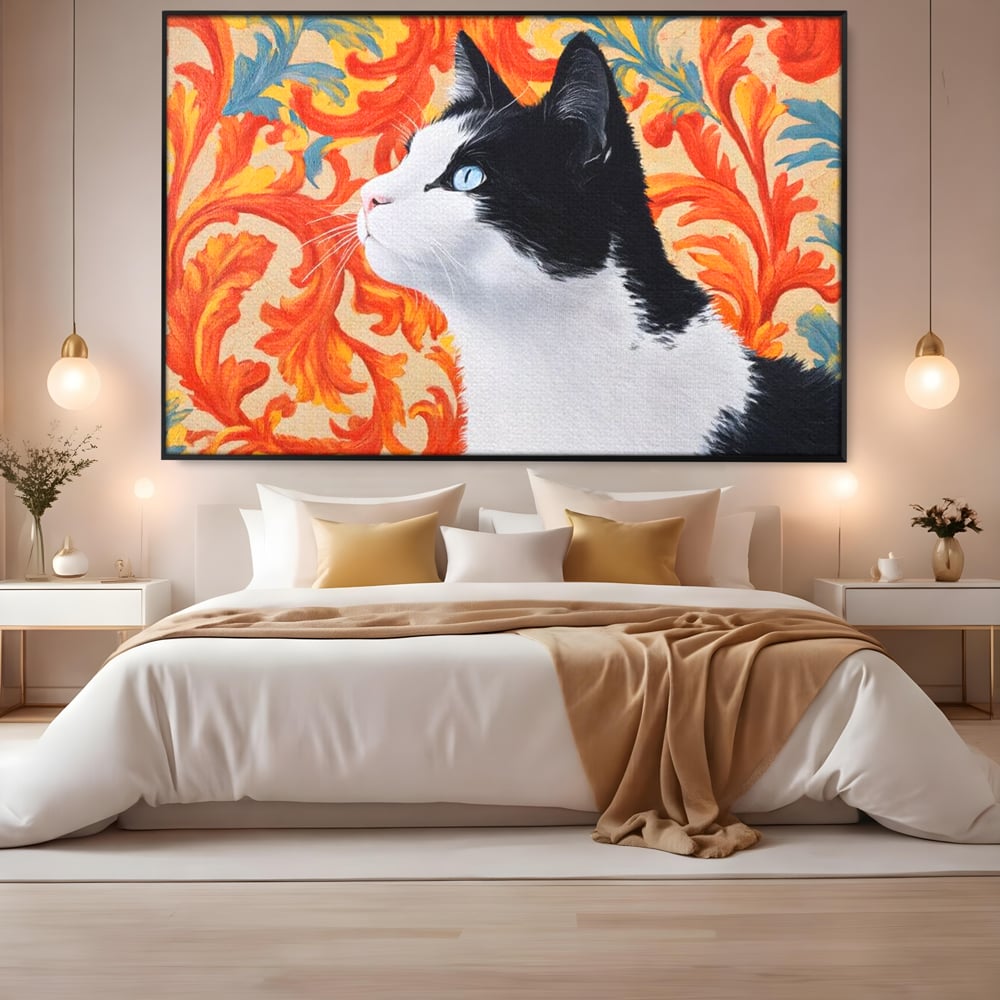 Tablou canvas cu tablou canvas cu pisica si fundal floral, in rama de aluminiu negru, pe perete intr-un dormitor