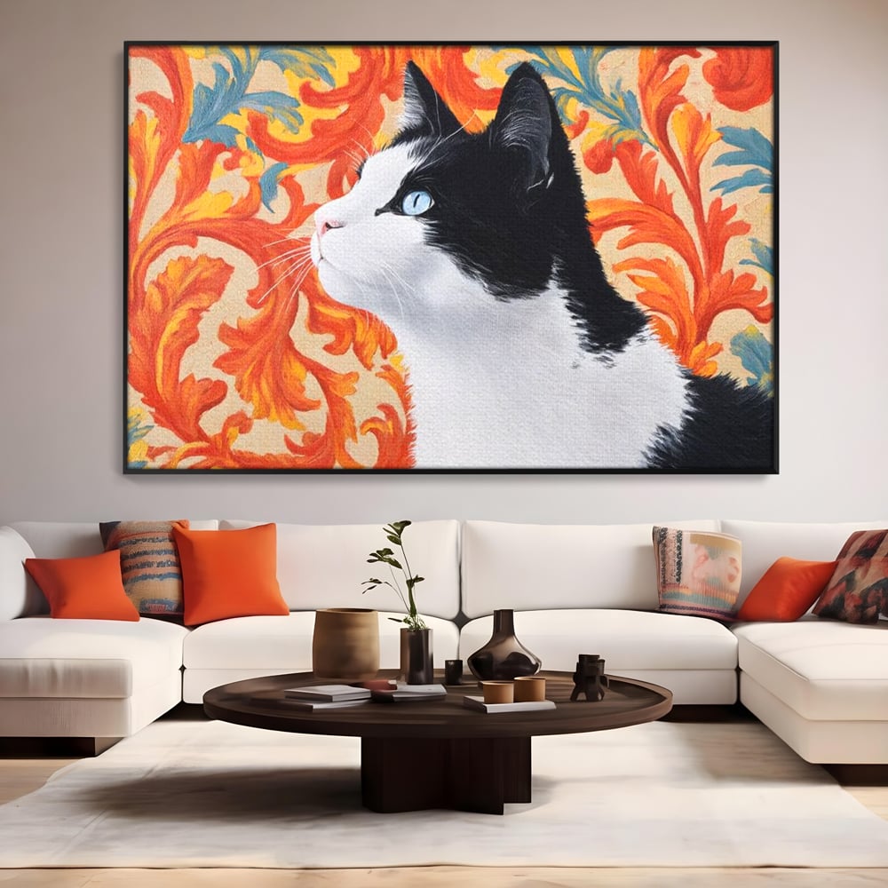 Tablou canvas cu tablou canvas cu pisica si fundal floral, in rama de aluminiu negru, pe perete intr-un living