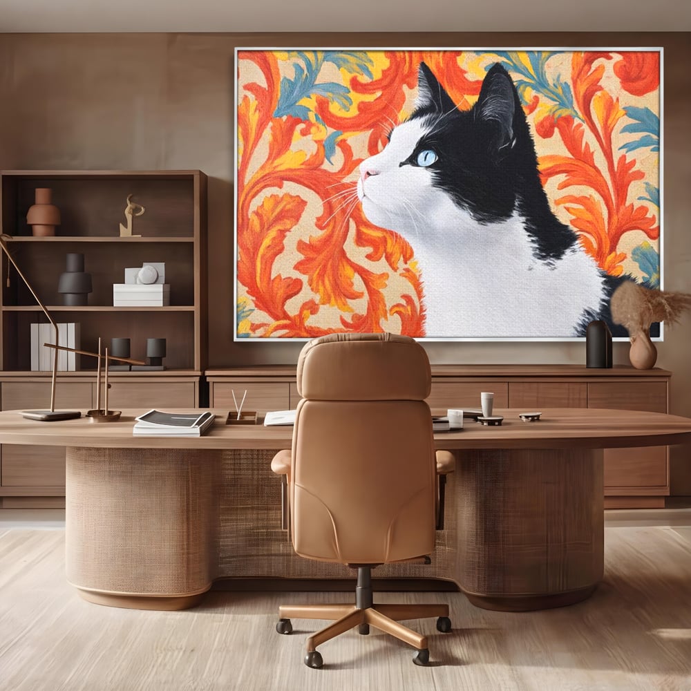 Tablou canvas cu tablou canvas cu pisica si fundal floral, in rama de aluminiu argintiu, pe perete intr-un birou