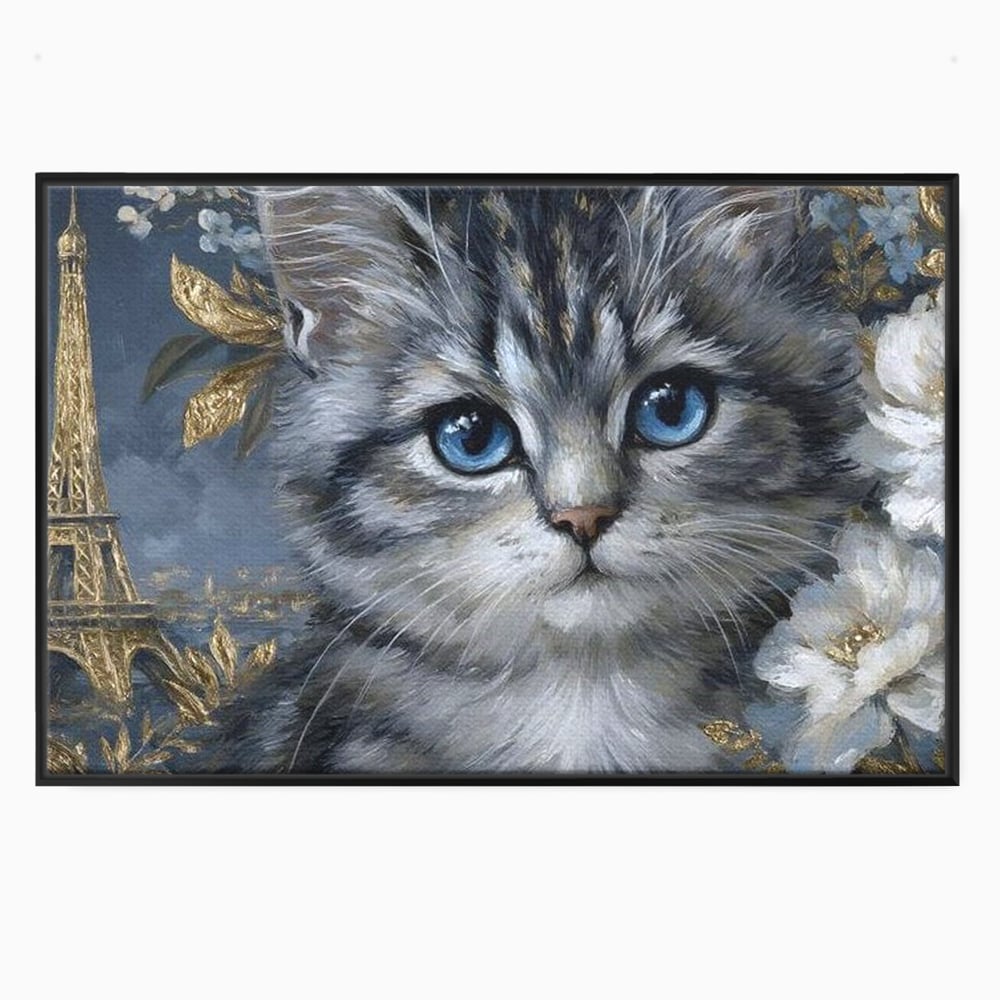 Tablou canvas cu tablou canvas cu pisica si turnul eiffel, in rama de aluminiu negru