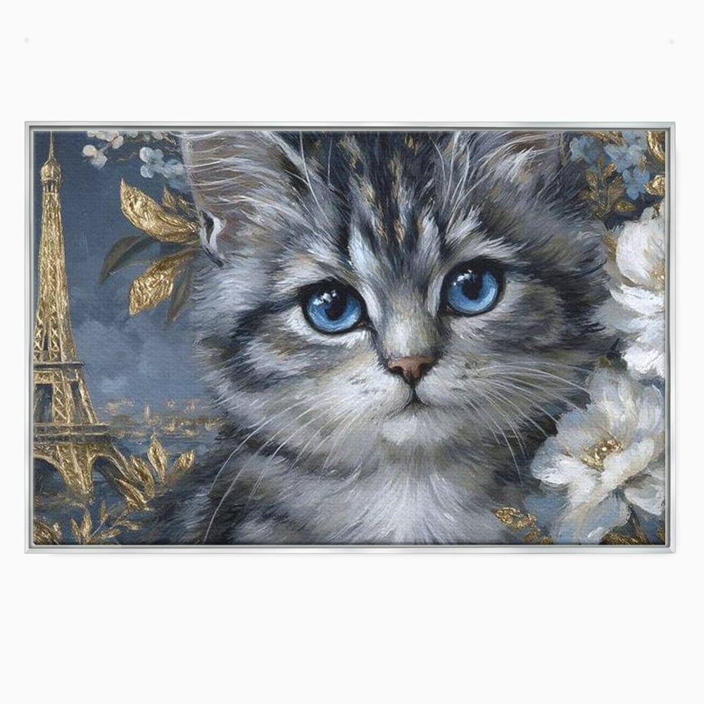 Tablou canvas cu tablou canvas cu pisica si turnul eiffel, in rama de aluminiu argintiu
