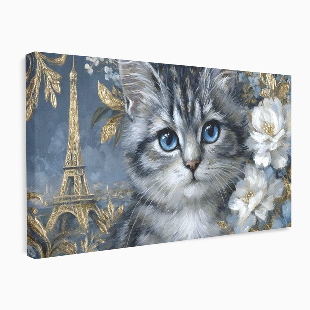 Tablou canvas cu tablou canvas cu pisica si turnul eiffel, fara rama, pe sasiu de lemn
