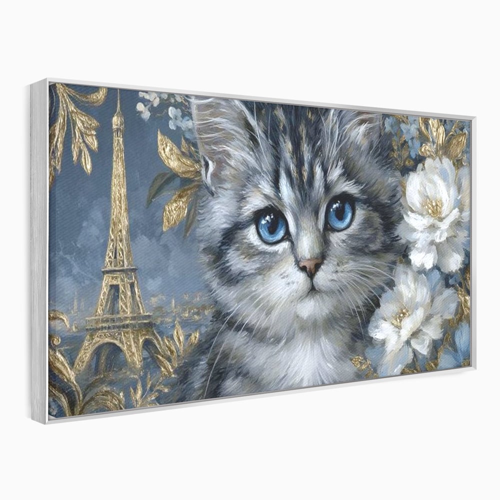 Tablou canvas cu tablou canvas cu pisica si turnul eiffel, in rama de aluminiu argintiu