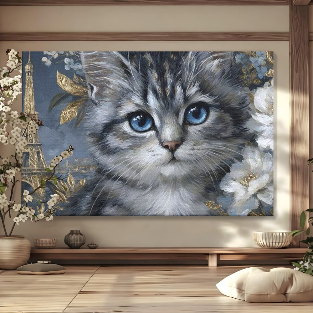 Tablou canvas cu tablou canvas cu pisica si turnul eiffel, fara rama, pe sasiu de lemn