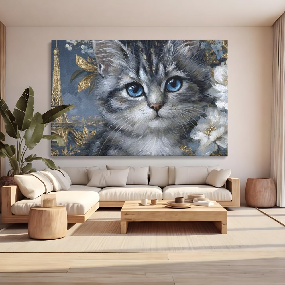 Tablou canvas cu tablou canvas cu pisica si turnul eiffel, fara rama, pe sasiu de lemn, pe perete intr-un living