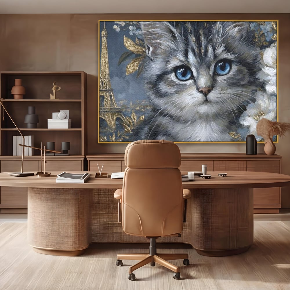 Tablou canvas cu tablou canvas cu pisica si turnul eiffel, in rama de aluminiu auriu, pe perete intr-un birou