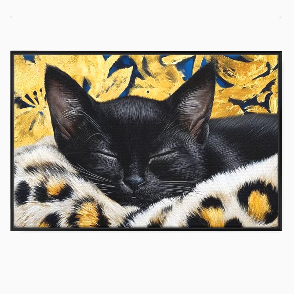 Tablou canvas cu tablou canvas cu pisica neagra dormind, in rama de aluminiu negru