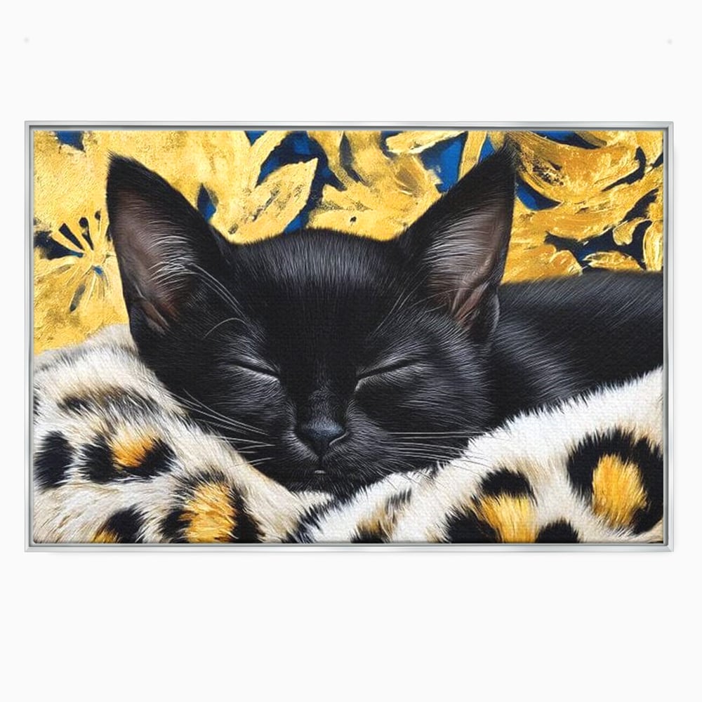 Tablou canvas cu tablou canvas cu pisica neagra dormind, in rama de aluminiu argintiu