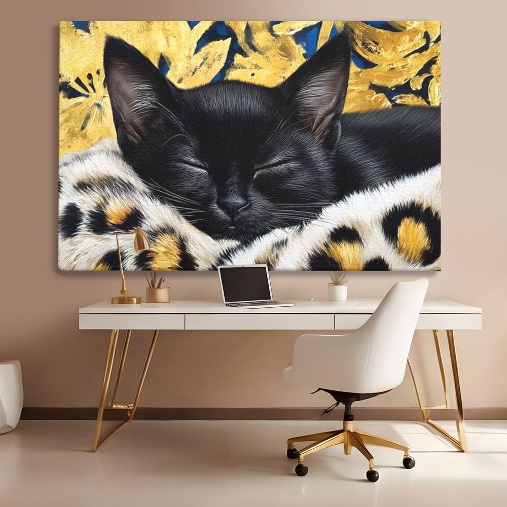 Tablou canvas cu tablou canvas cu pisica neagra dormind, fara rama, pe sasiu de lemn, pe perete intr-un birou