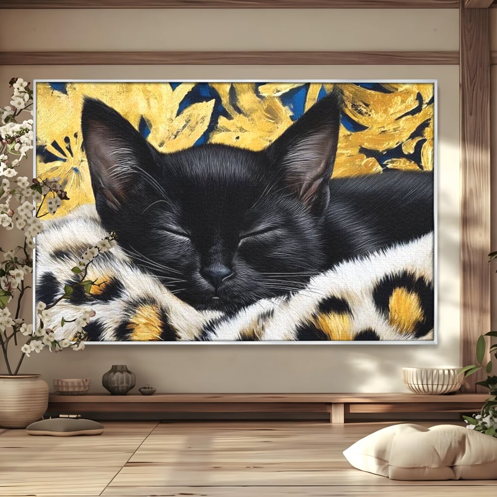 Tablou canvas cu tablou canvas cu pisica neagra dormind, in rama de aluminiu argintiu