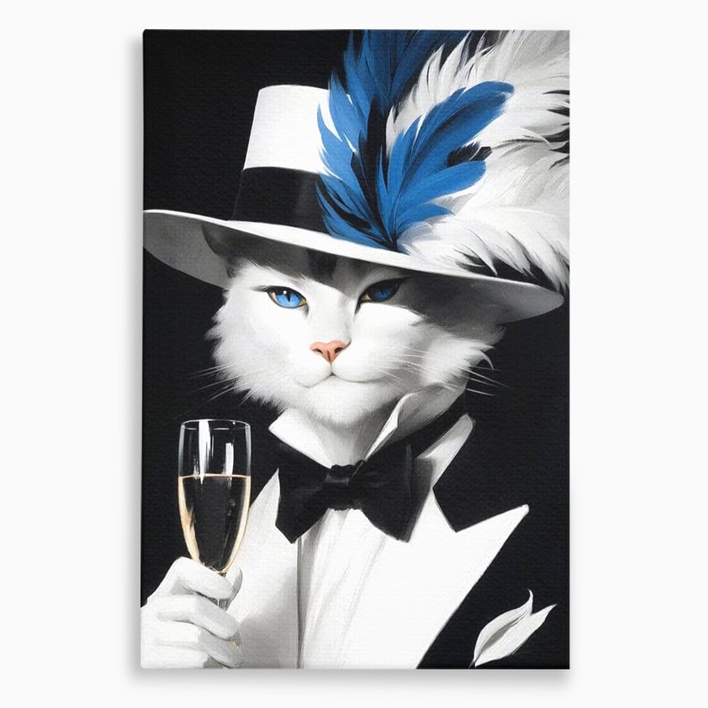 Tablou canvas cu tablou canvas cu pisica aristocrata in costum, fara rama, pe sasiu de lemn