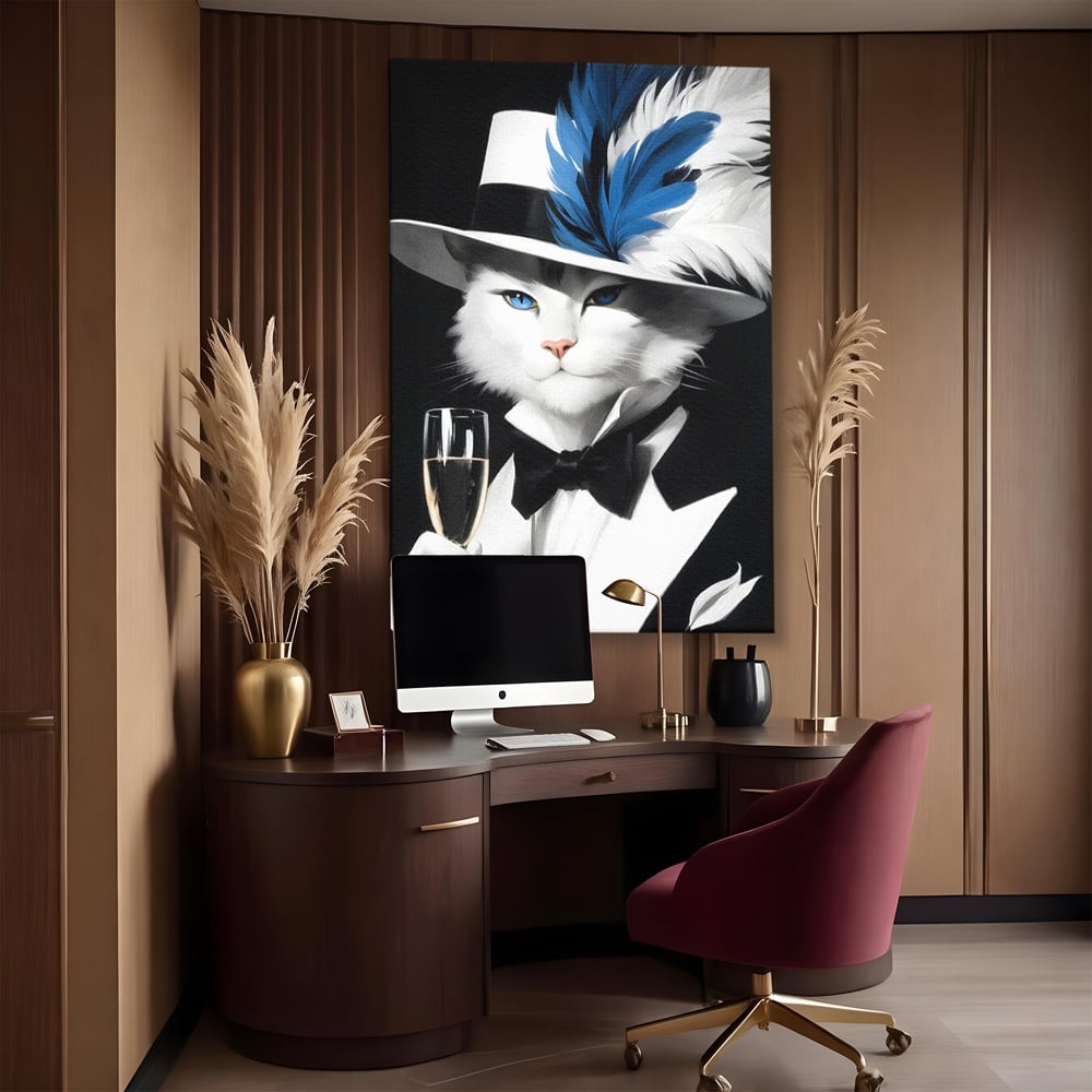 Tablou canvas cu tablou canvas cu pisica aristocrata in costum, fara rama, pe sasiu de lemn, pe perete intr-un birou