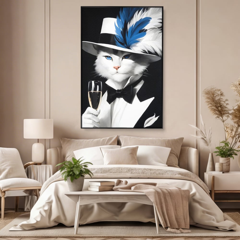 Tablou canvas cu tablou canvas cu pisica aristocrata in costum, in rama de aluminiu negru, pe perete intr-un dormitor
