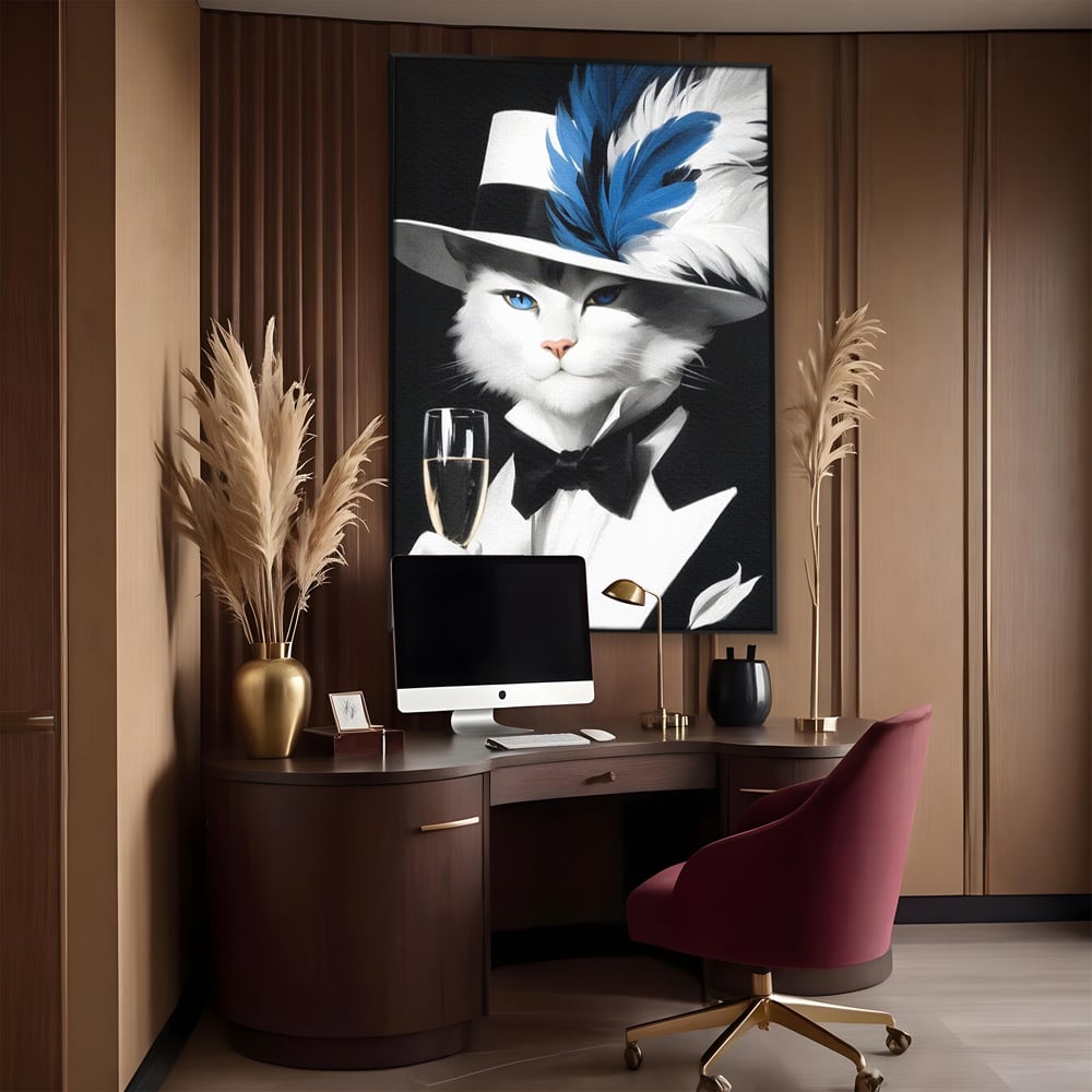 Tablou canvas cu tablou canvas cu pisica aristocrata in costum, in rama de aluminiu negru, pe perete intr-un birou