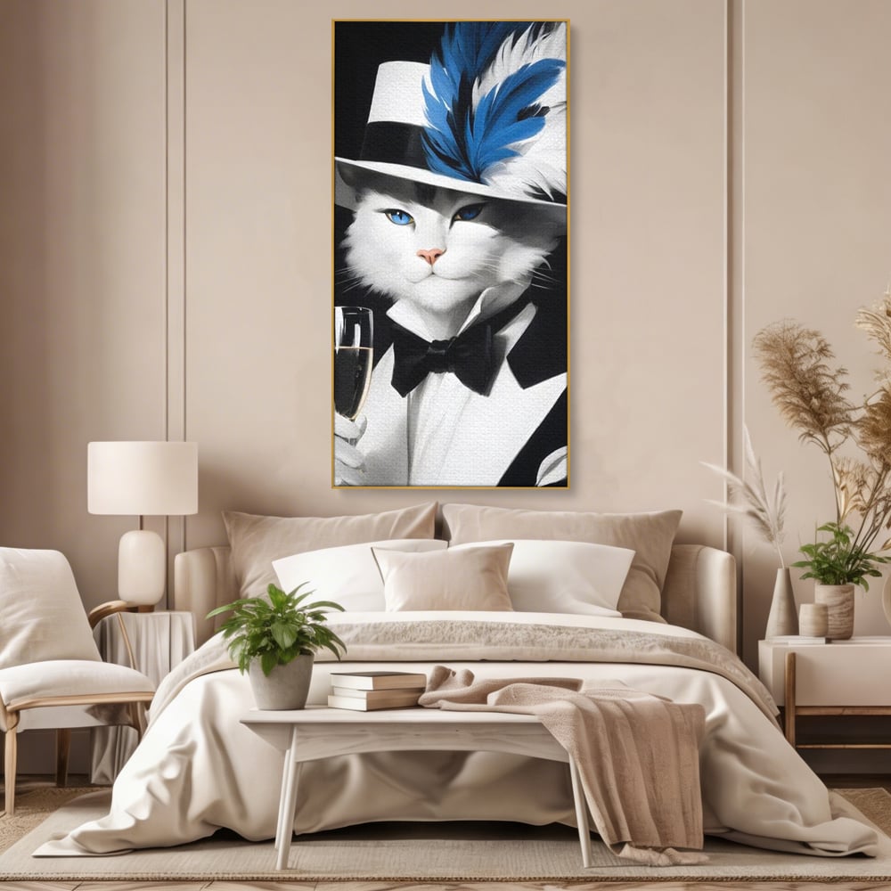 Tablou canvas cu tablou canvas cu pisica aristocrata in costum, in rama de aluminiu auriu, pe perete intr-un dormitor