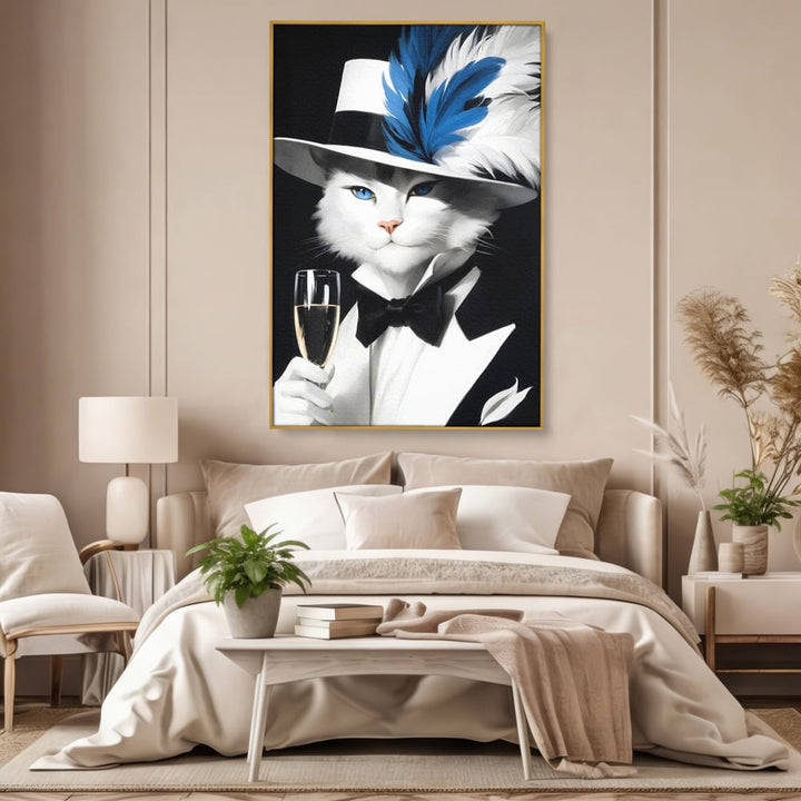Tablou canvas cu tablou canvas cu pisica aristocrata in costum, in rama de aluminiu auriu, pe perete intr-un dormitor