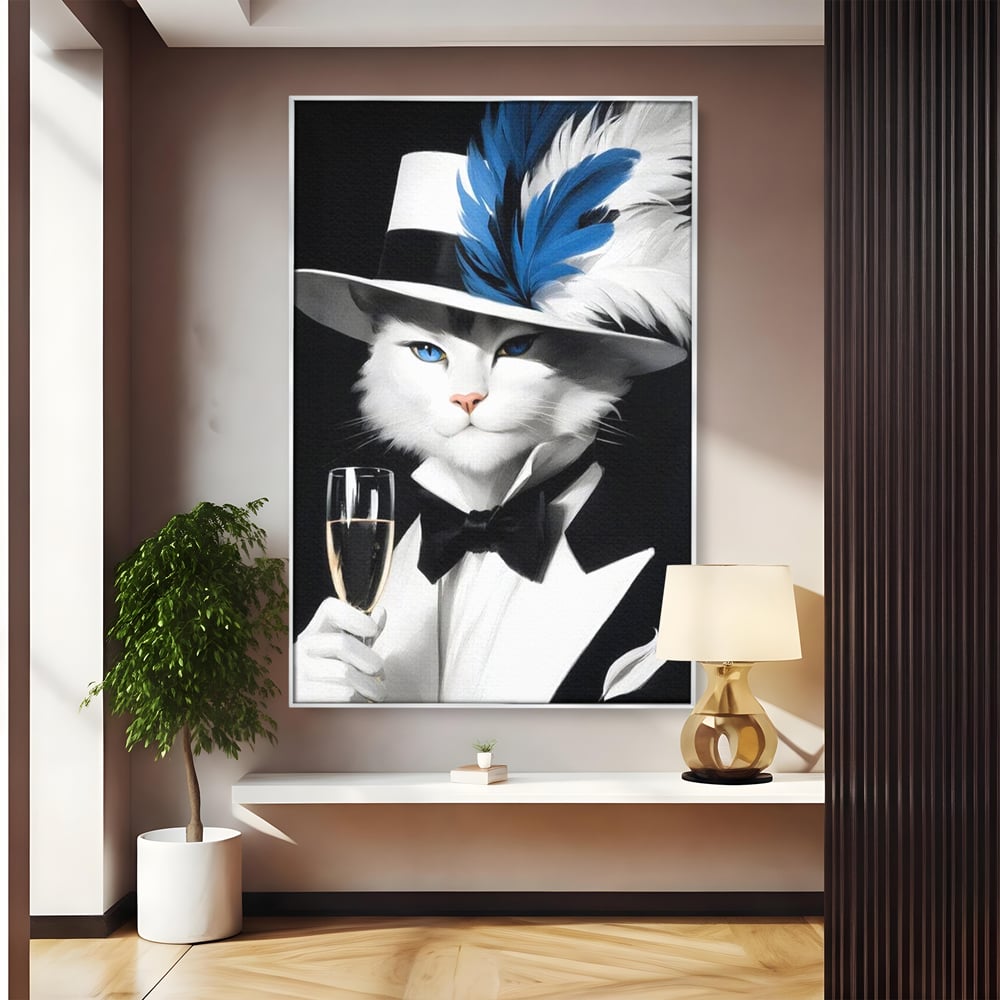 Tablou canvas cu tablou canvas cu pisica aristocrata in costum, in rama de aluminiu argintiu